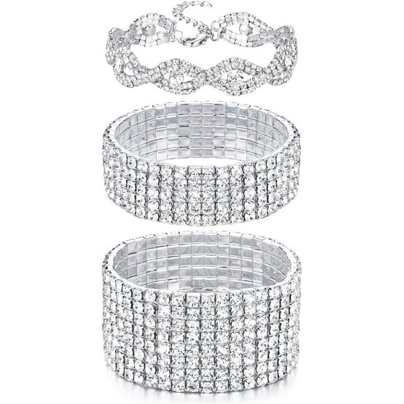 ✨ Fibo Steel Stretch Bracelets Women Silver Rhinestone Sparkly Tennis Jewelry - Picture 1 of 6